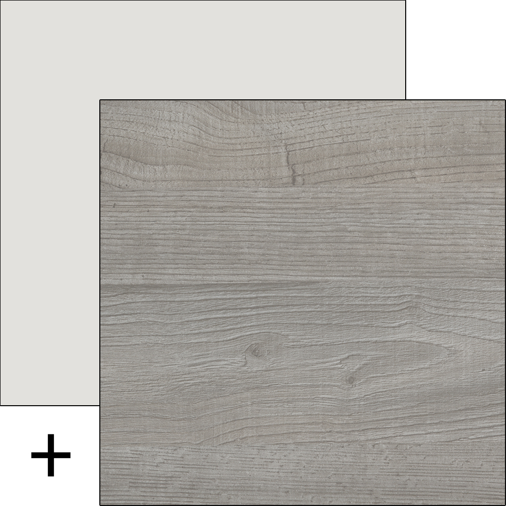 Jasnoszare drewno (fronty) + Biały mat (ramka)
